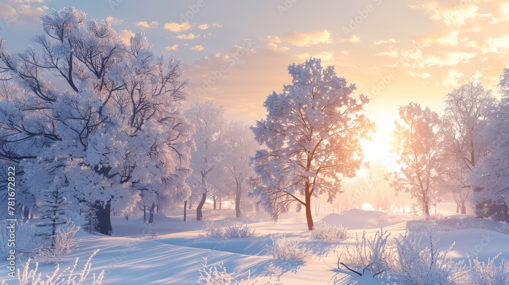 Poster sun setting behind snowy field trees