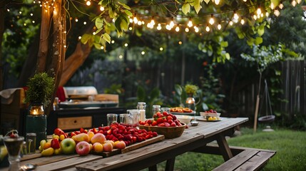 Fototapeta na wymiar Wooden table with different fruits in a garden decorated with warm lights