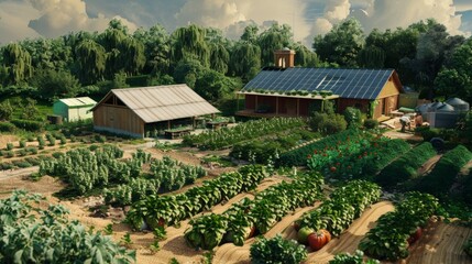 A farm has abundant vegetables and a rustic barn