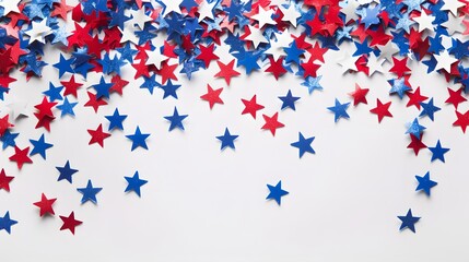 4th of July American Independence Day. Happy Independence Day. Red, blue and white star confetti, paper decorations on white background. Flat lay, top view, copy space, banner