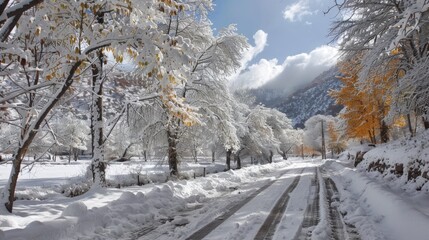 Snowy road with trees and snow on both sides - obrazy, fototapety, plakaty