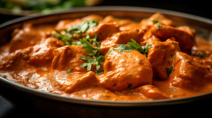 wide top view background food image, butter masala chicken and boiled white rice, Indian traditional food recipe banner image in black color table