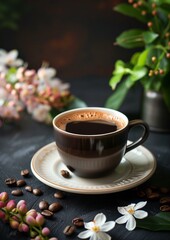 Elegant Coffee Cup with Fresh Blooms and Coffee Beans on Dark Background