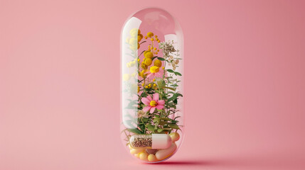 The concept of dietary supplements is represented by a pill capsule containing flowers and herbs against a pastel pink background  - obrazy, fototapety, plakaty