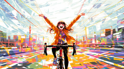 anime style image of a cheering young girl on a bicycle - 781673821