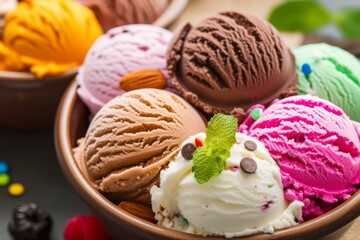 Bowl of colorful ice cream scoops