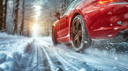 closeup of a drifting car on a snow covered road in winter