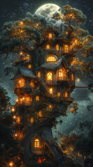 Enchanting Treehouse Basking In Moonlight, With Twinkling Stars Peeking Through Lush Foliage