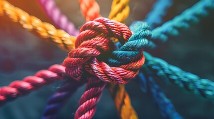 Team rope strength diverse connect partnership together teamwork unity communicate support. The strong and diverse network rope team concept integrates braided color background cooperation and boosts 