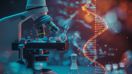 Microscope and DNA molecule. Biotechnology concept
