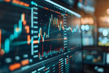 Stock market trading platform charts exchange graphs on pc computer screen. Financial technology online investment data digital money prices indexes crypto analysis and forecast background.