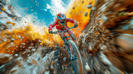 a man with a cross bike in an action scene, in the style of digital painting - 781674627