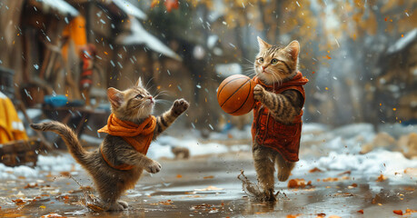 two anthropomorphic cats playing basketball in the streets