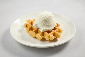 plate of belgian waffle with vanilla ice cream - 781674669