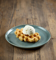 plate of belgian waffle with vanilla ice cream - 781674673