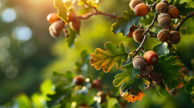 Brown acorns hanging from an oak tree branch in a forest, showcasing a close-up view of the oak fruits and leaves against a lush green background.
