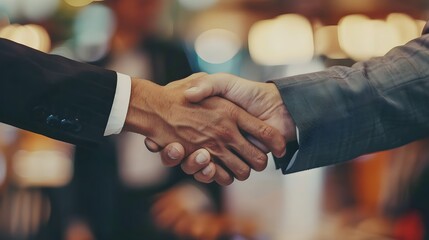 Business handshake. Business people making a handshake, close up. Two corporate businessman shaking hands during meeting in office