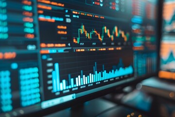 Stock market trading platform charts exchange graphs on pc computer screen. Financial technology online investment data digital money prices indexes crypto analysis and forecast background.