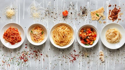 Rows of pasta bowls with assorted toppings