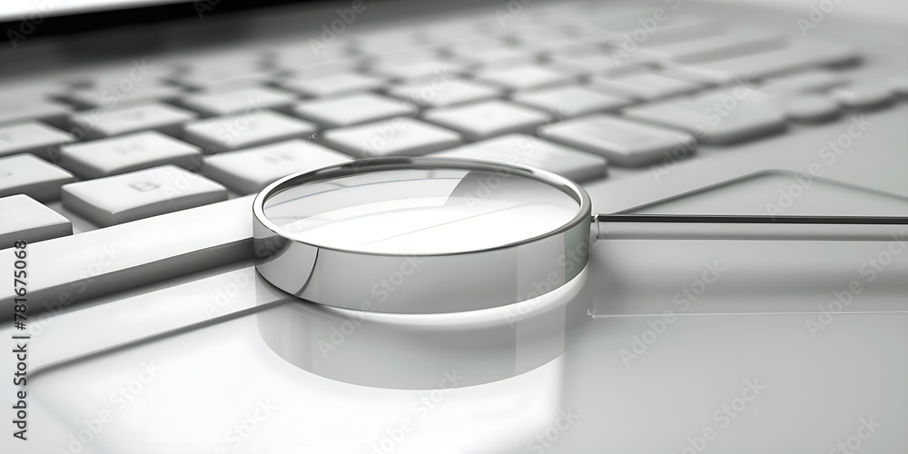 Poster closeup of computer keyboard with magnifying glass above