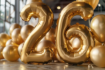 Balloons in the shape of the number 26, gold, celebrate a birthday or party