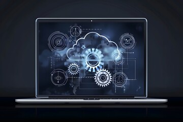 Futuristic Cloud Computing and Network Interface on Laptop Screen. A modern laptop displaying a dynamic cloud computing interface with intricate network connections and cogwheels. Vector