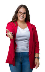 Beautiful plus size young business woman wearing elegant jacket and glasses over isolated...