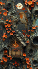 Fototapeta premium Under A Full Moon, A Robin Perches By Its Warm, Glowing House Among Blossoming Flowers