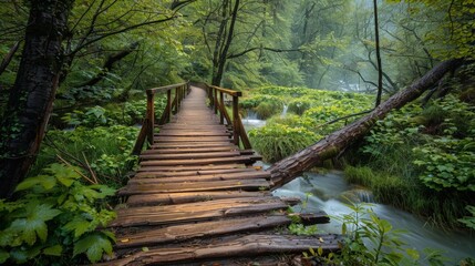 Fototapeta premium Wooden bridge over stream in forest