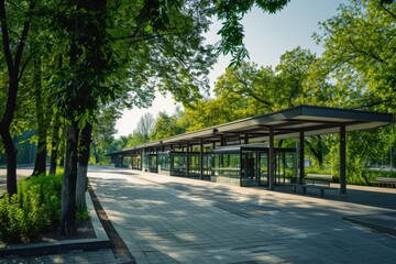 Deserted bus station surrounded by lush greenery - obrazy, fototapety, plakaty