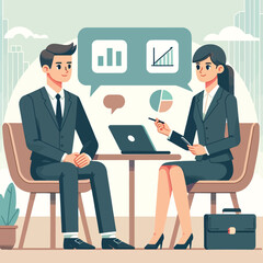business man discussing with business woman professionally in a flat design illustration