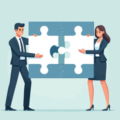 business man and a business woman are fitting together two large puzzle pieces