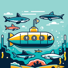 Cartoon of a submarine on the ocean floor surrounded by sharks