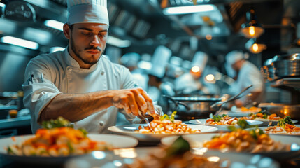 Obraz premium Cook serving food on a plate in the kitchen of a restaurant.