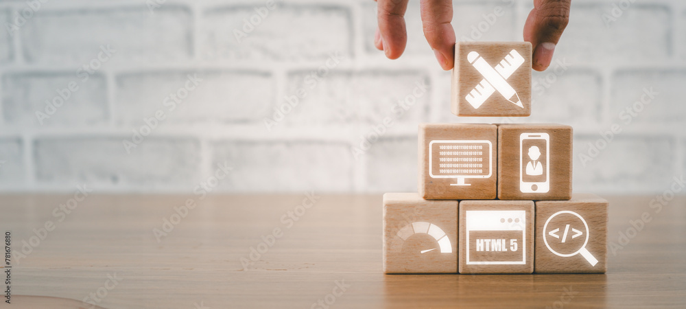 Poster mobile first concept, wooden block on desk with mobile first icon on virtual screen.