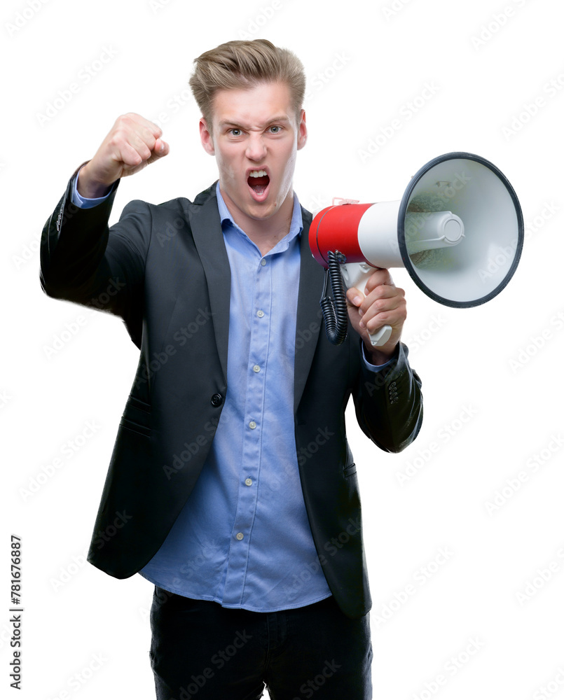 Canvas Prints Young handsome blond man holding a megaphone annoyed and frustrated shouting with anger, crazy and yelling with raised hand, anger concept