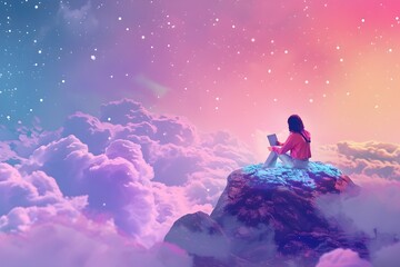 A woman is sitting on a rock in the sky, reading a book. The sky is filled with clouds and stars, creating a dreamy and peaceful atmosphere - obrazy, fototapety, plakaty