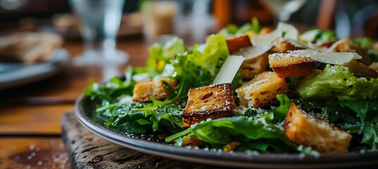 Capturing the Essence of Culinary Craftsmanship with a Luscious Close-Up of a Timeless Caesar Salad, Tempting the Senses with Crisp Greens, Creamy Dressing, and Zesty Parmesan Shavings