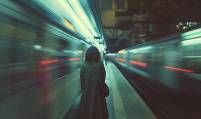 Rear view of female traveller waiting for next train at station with blurred moving train background