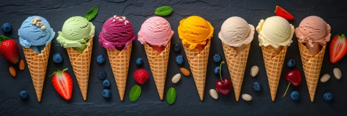 Fotobehang Stripe of various ice cream flavors with berries and nuts on black. © InfiniteStudio
