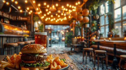 Pub-Style Gourmet Burger and Ale: Cozy Bistro Setting