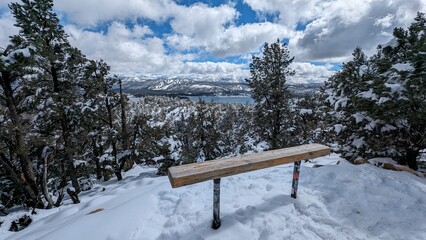Big Bear Lake Hike, Snowy Day, Bench in Foreground