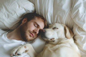 Obraz premium A man and his dog sleeping in bed a happy expression