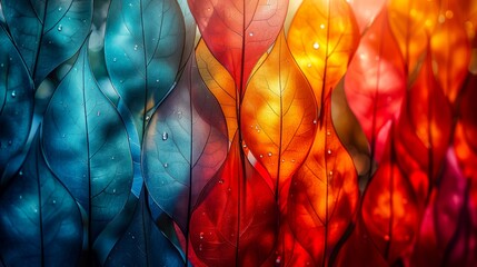 Breathtaking transition from cool blue to fiery red leaves, each vein detailed with dew, showcasing nature's vibrant spectrum the beauty of change.