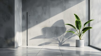 A large potted plant sits in front of a window, casting a shadow on the floor. The room is empty and features a white wall and a white floor