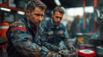 Fototapeta premium Cropped image of two handsome mechanics in uniform are working in auto service. Car repair and maintenance. Checking the oil level.