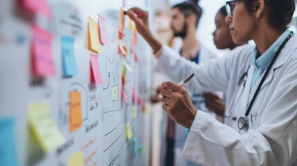 A team of medical professionals gathered around a whiteboard brainstorming and writing up schedules and plans for the upcoming week with colorful postit notes and markers tered around . - obrazy, fototapety, plakaty