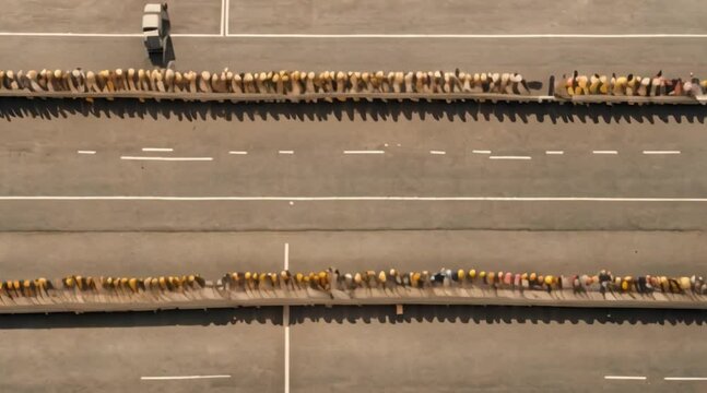 Wide shot of workers forming a human chain.
