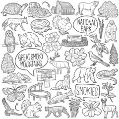 Great Smoky Mountains Doodle Icons Black and White Line Art. National Park Clipart Hand Drawn Symbol Design.