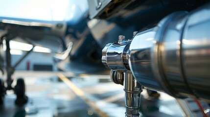 A closeup of a biofuel pump being inserted into the fuel tank of an airplane highlighting the ecofriendly fuel source and modern technology in aviation. . - obrazy, fototapety, plakaty